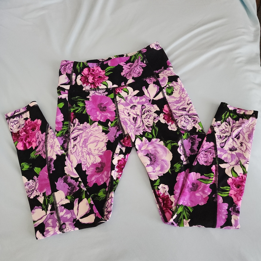 Victoria's Secret Black Leggings with Pink & Purple Floral Print